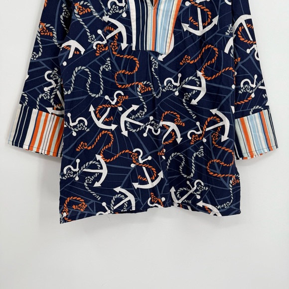 Anchor Nautical Top By One Fun Summer Karen Weaver Navy Blue Stripe Large Tunic - Picture 3 of 9
